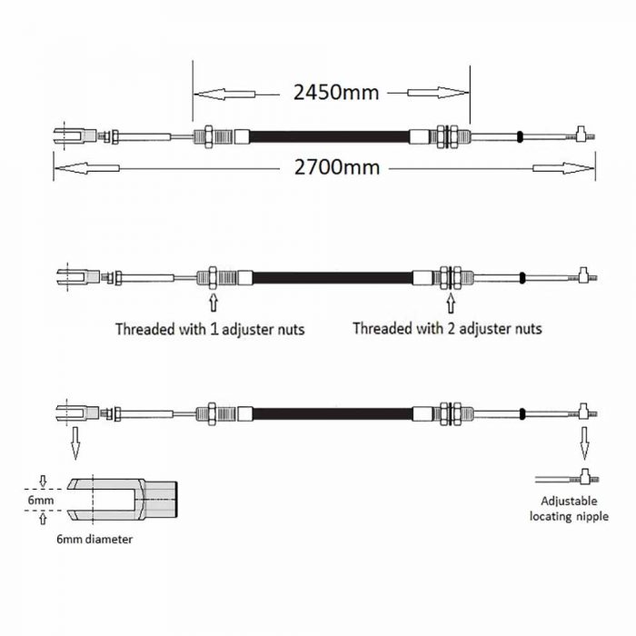 2.7m Forward & reverse cable Terex TV1000–TV1400 roller Kubota engine '04 onwards. - Image 2